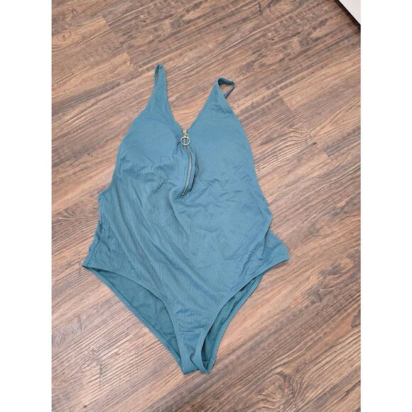 XOXO Teal Ribbed Zip Front One Piece Swimsuit Size 2X – Excellent Condition - Picture 1 of 5